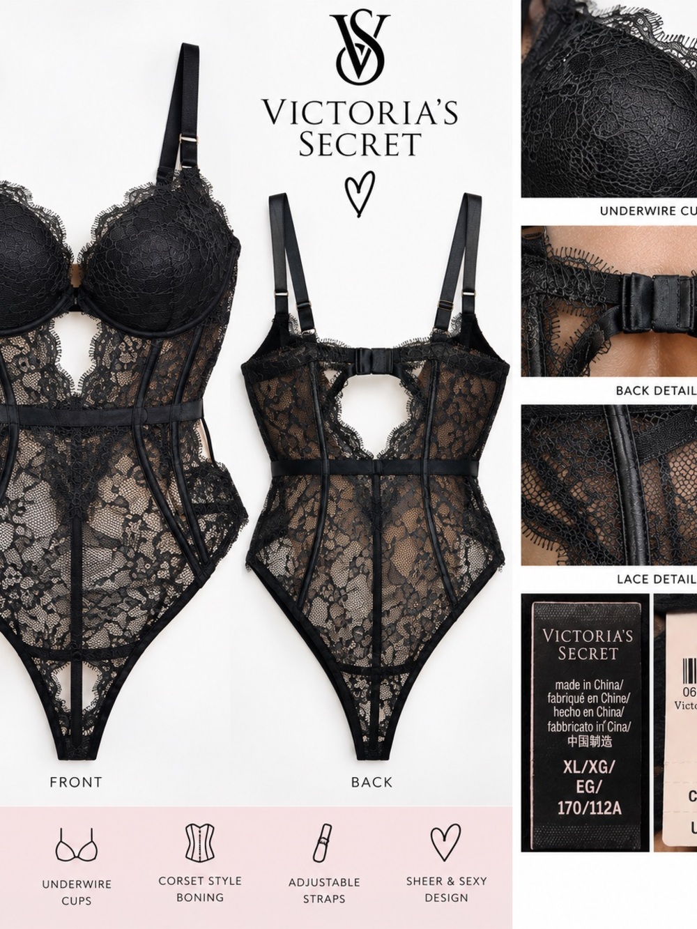Victoria's Secret Black Lace Underwire Corset Bodysuit